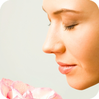 Woman smelling a pink rose