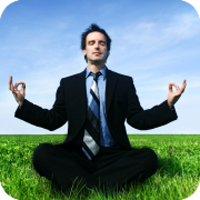 Man in suit practicing yoga outside