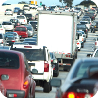 Congested road with numerous vehicles