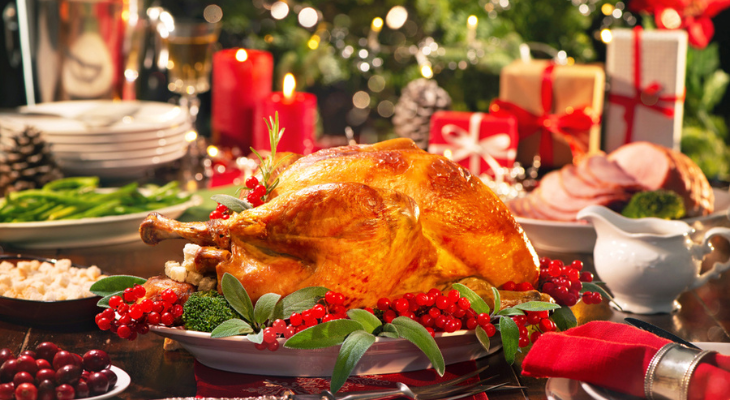 Festive holiday dinner with roasted turkey