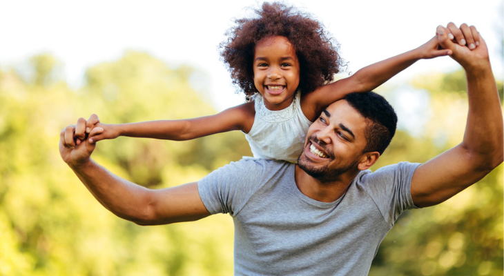 Happy child on dad's shoulders