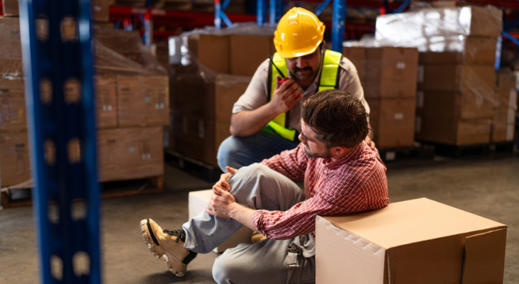 Colleague assisting injured worker in warehouse
