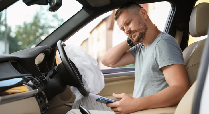 Man in car with airbag deployed