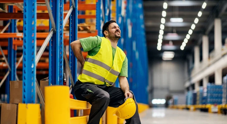 Worker holding back in warehouse