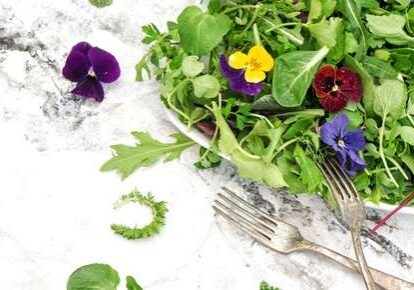 Fresh salad with colorful edible flowers