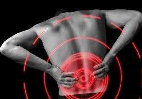 Hands on back, pain visualization in red