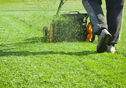 Lawn being mowed on sunny day